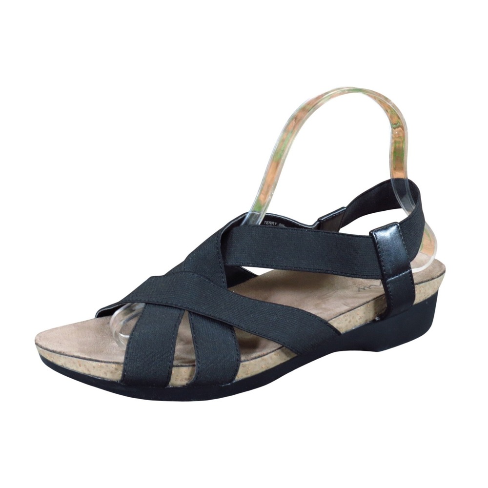 GNW Terry Women Strappy Wedge Sandals Size 8 Casual Comfort Walking Black Fabric